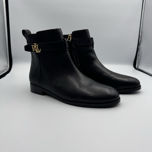 NWOB Authentic RALPH LAUREN BRIELE Black Leather Gold Tone Logo Women's Boots 8B - Picture 3 of 16